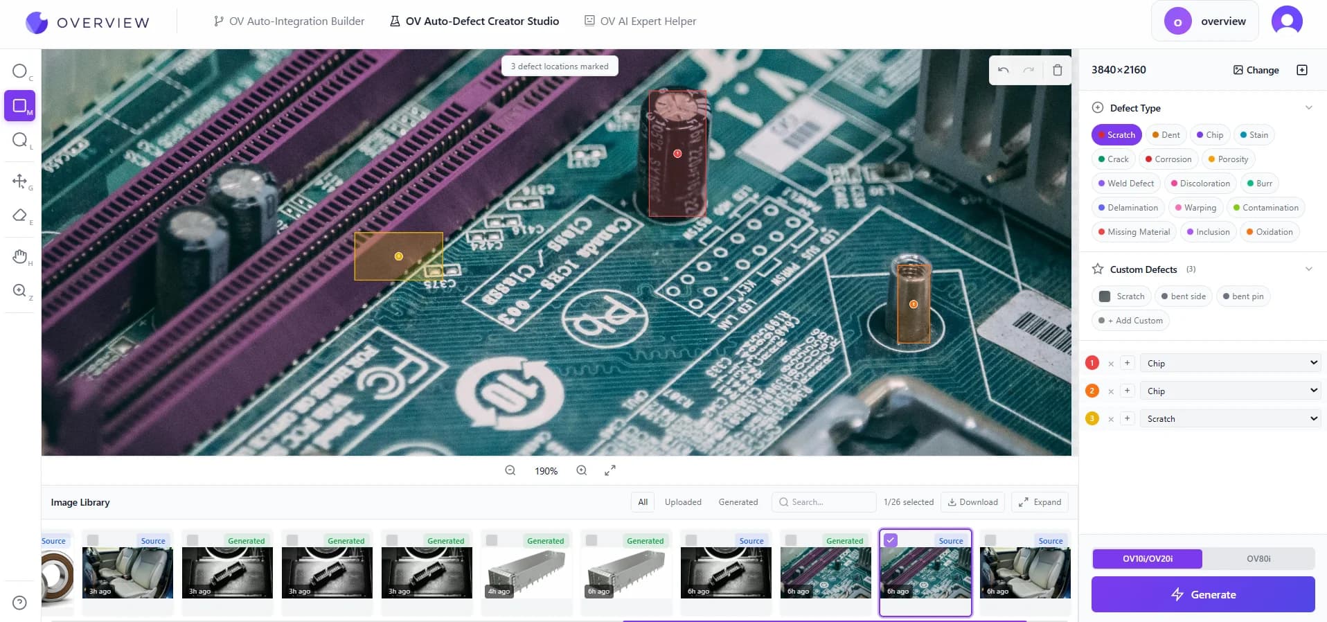 OV Auto-Defect Creator Studio main interface with AI defect generation tools