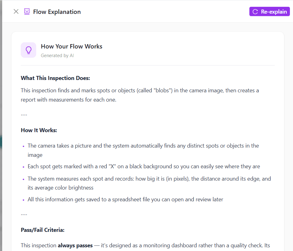 AI explain flow feature showing plain English breakdown of each Node-RED node