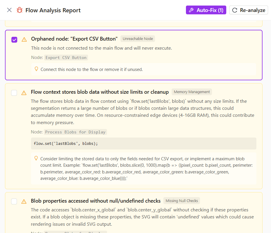 Flow analysis results showing detected issues with auto-fix suggestions