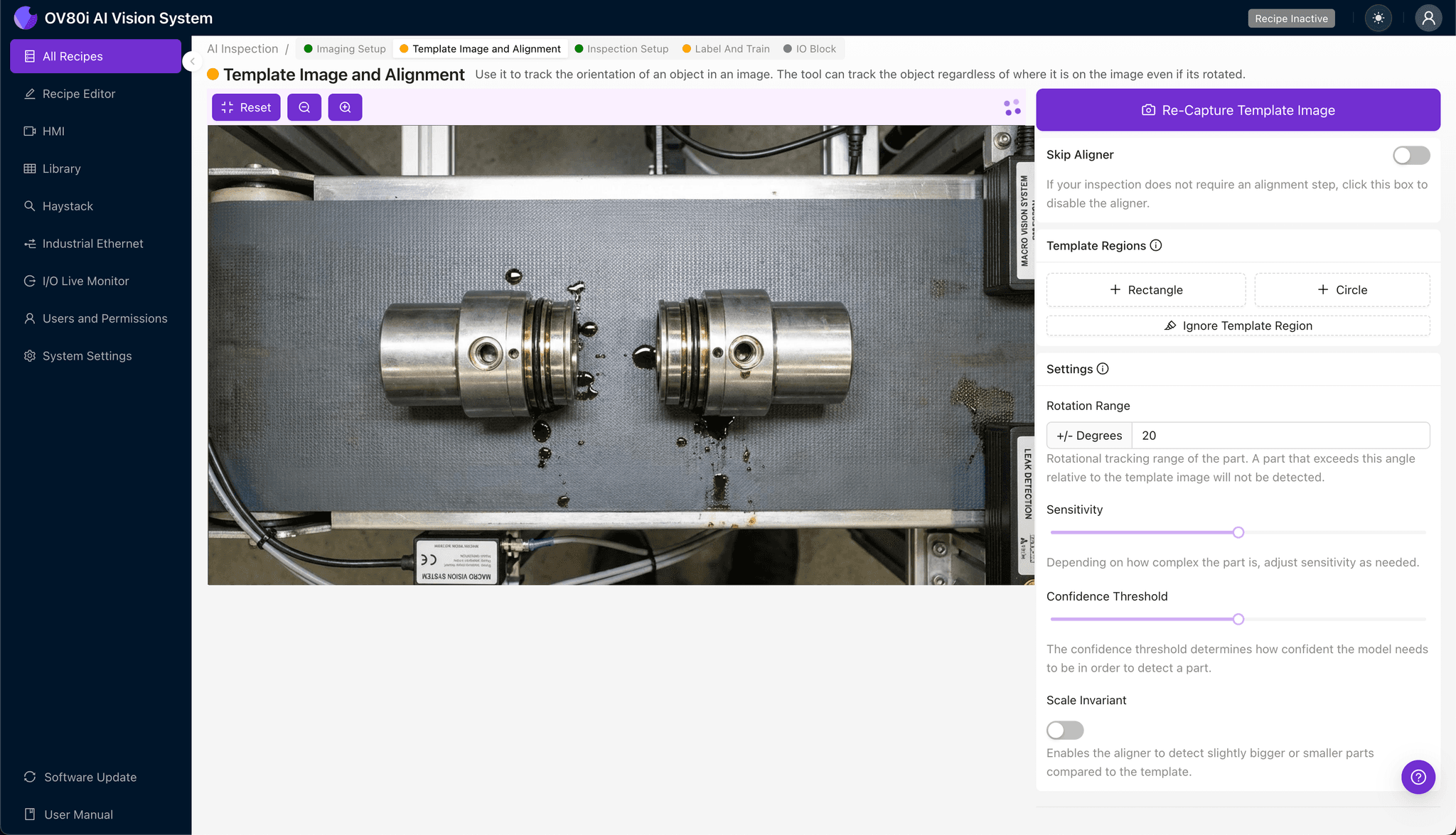 Template image alignment configuration for fluid coupler inspection