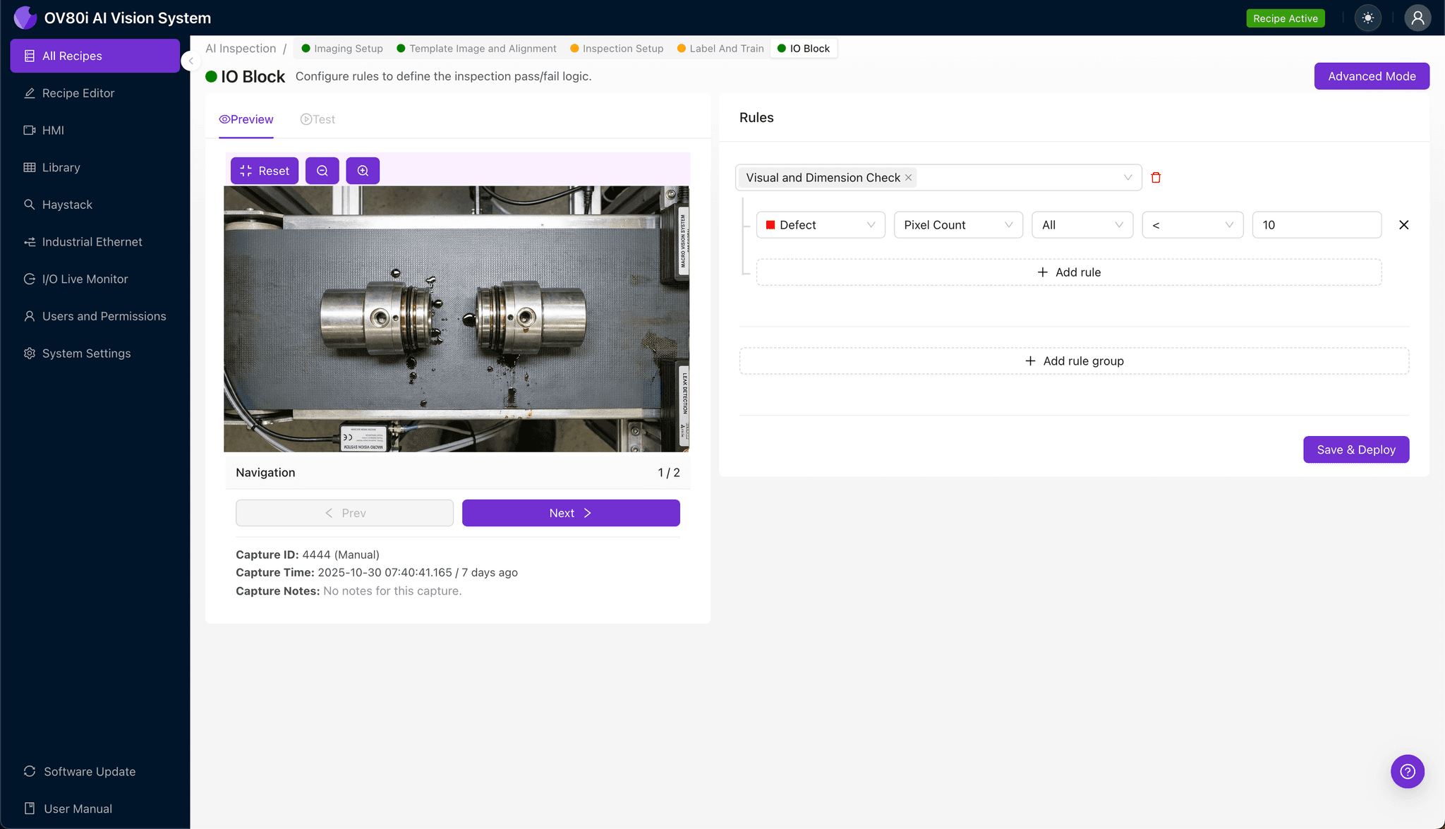 Inspection region selection highlighting valve seal interface on fluid coupler
