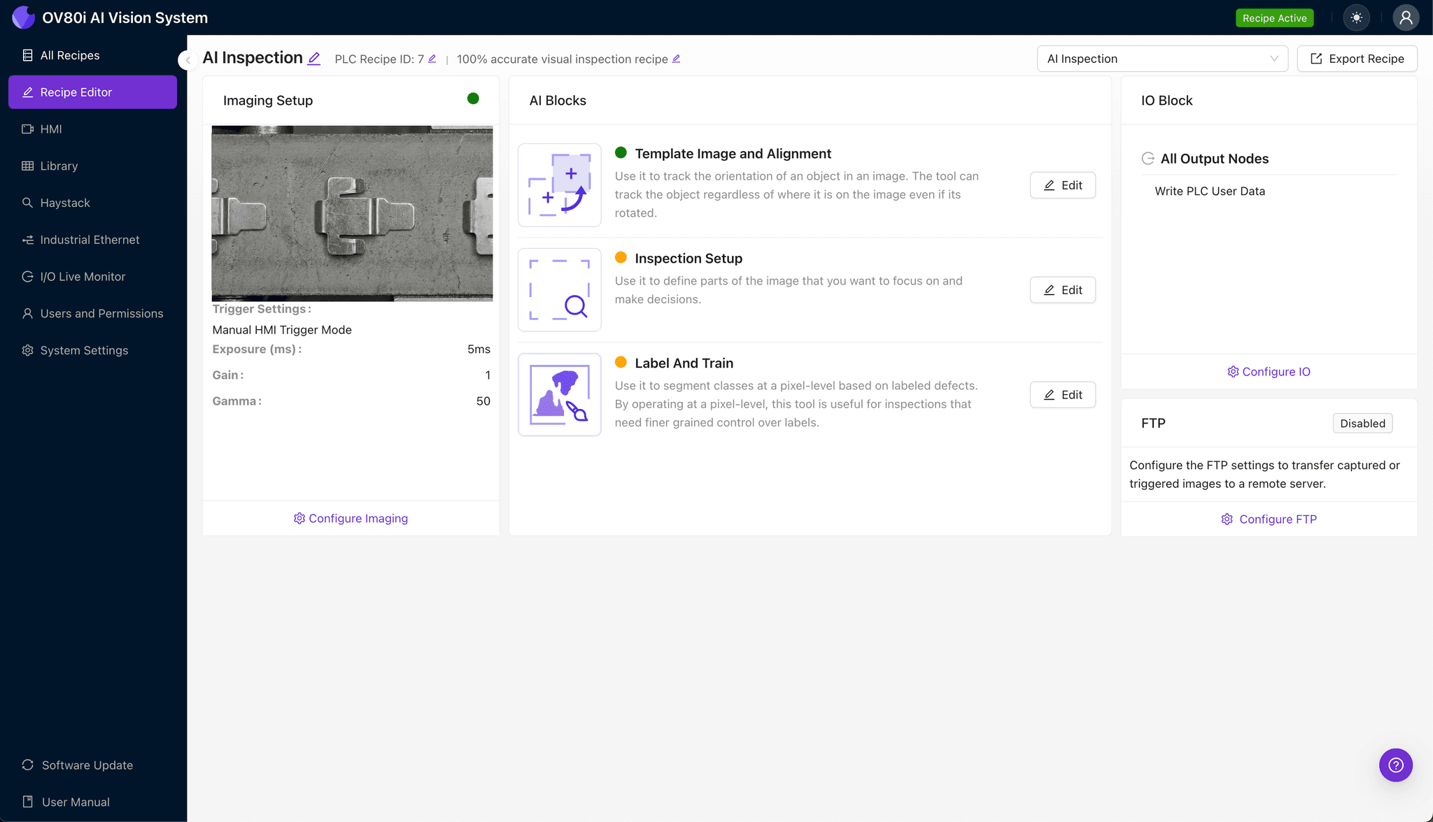 OV80i camera system imaging setup for formed contact inspection