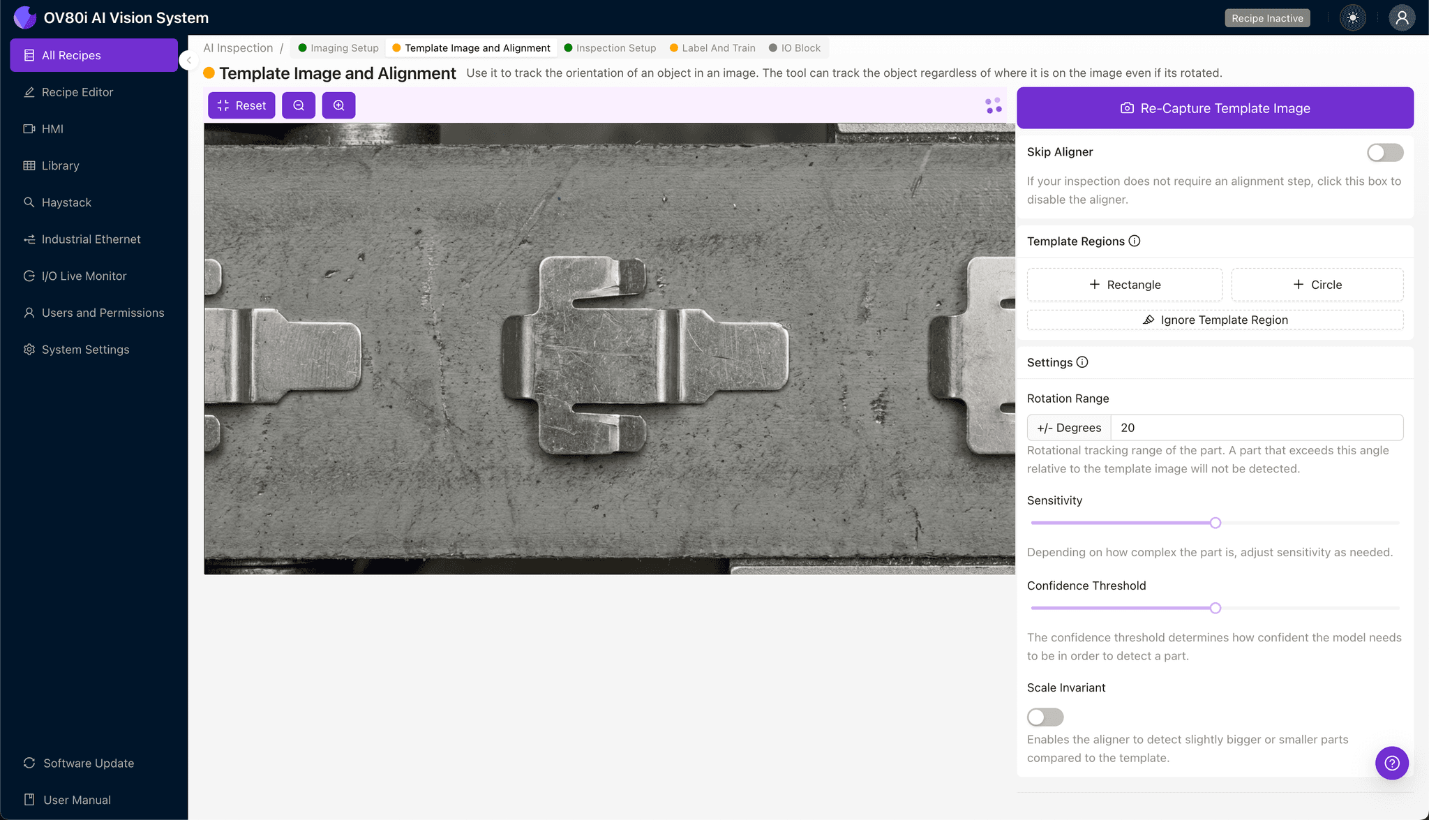 Template alignment configuration for formed contact spring-back inspection