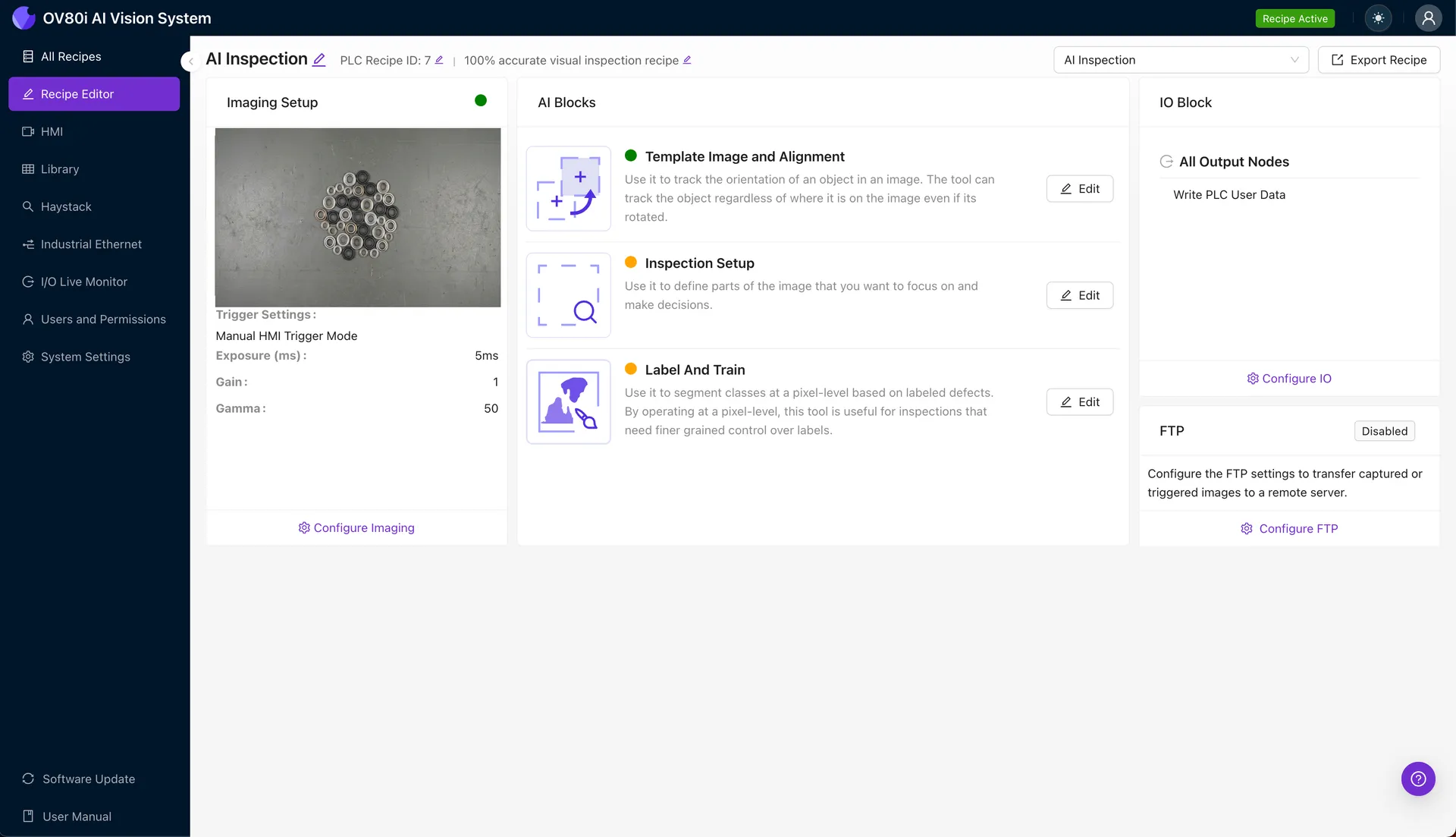 Configuración de imagen para inspección de ojales