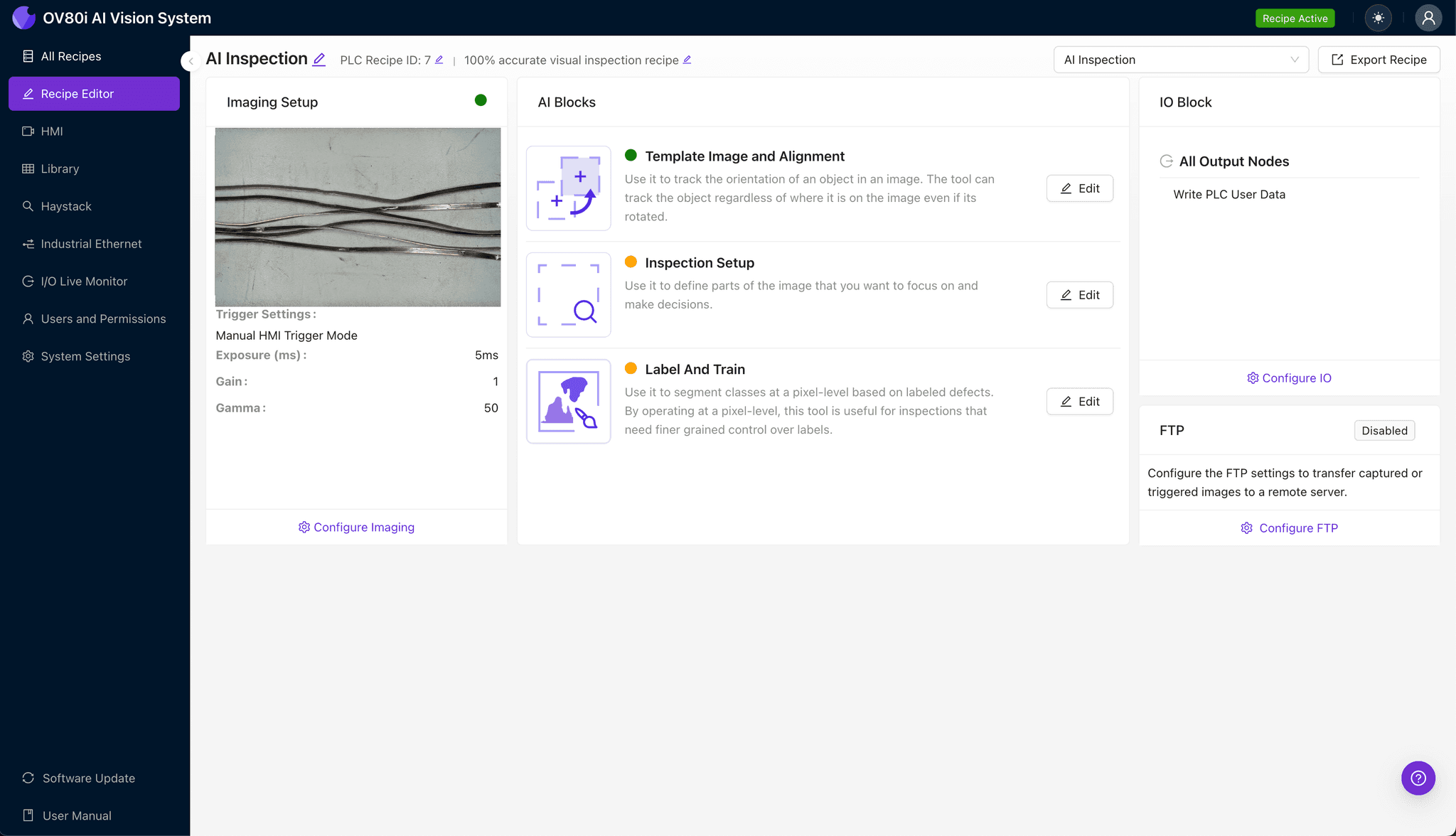 Camera and lighting setup for leadframe strip camber inspection