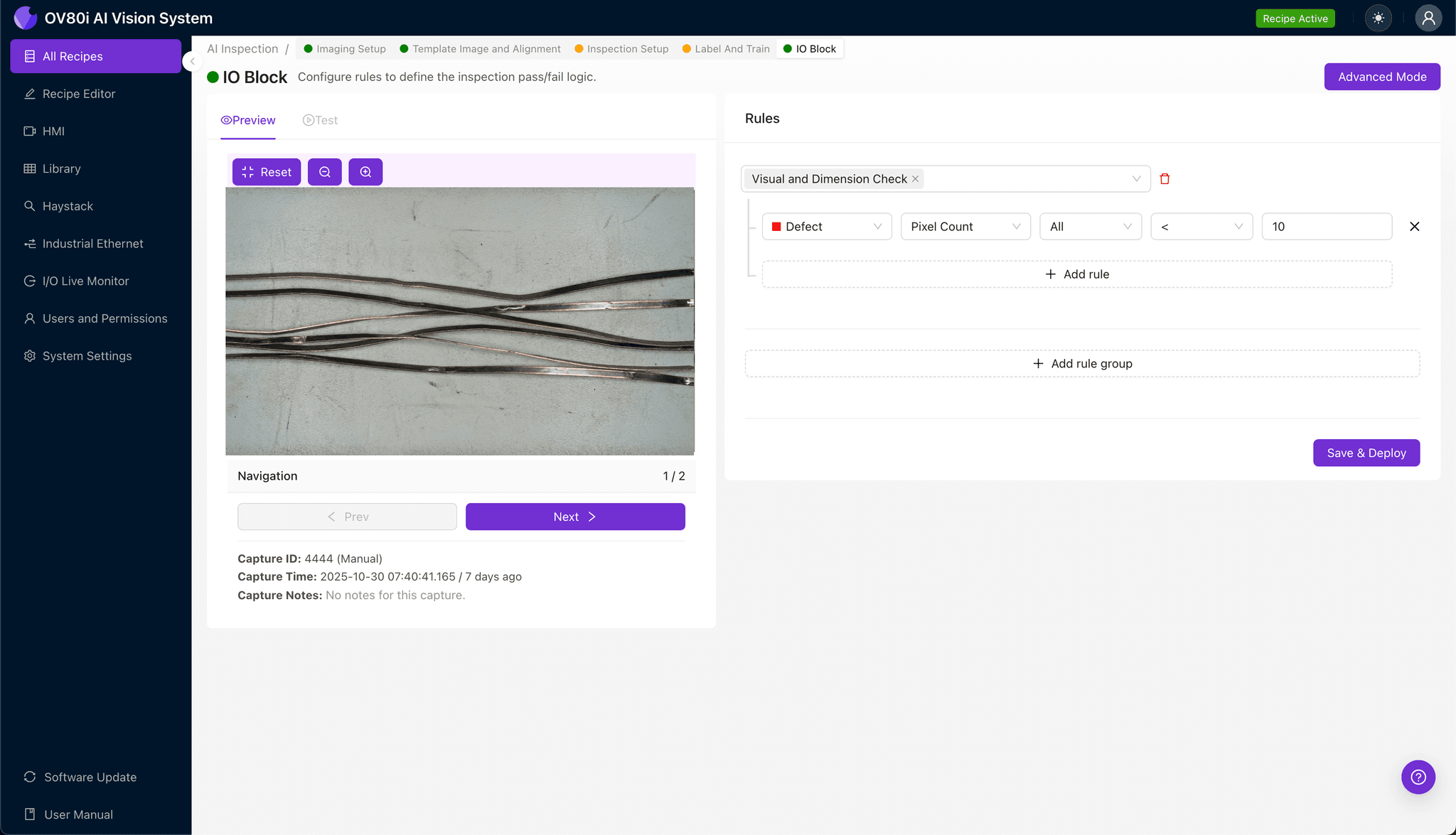 Inspection region configuration for detecting camber defects in leadframe strips