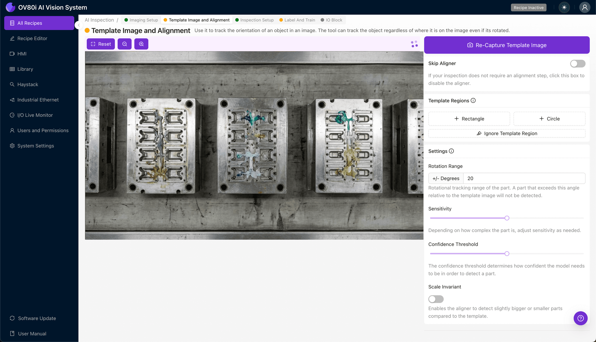 Template image alignment configuration for injection molded parts