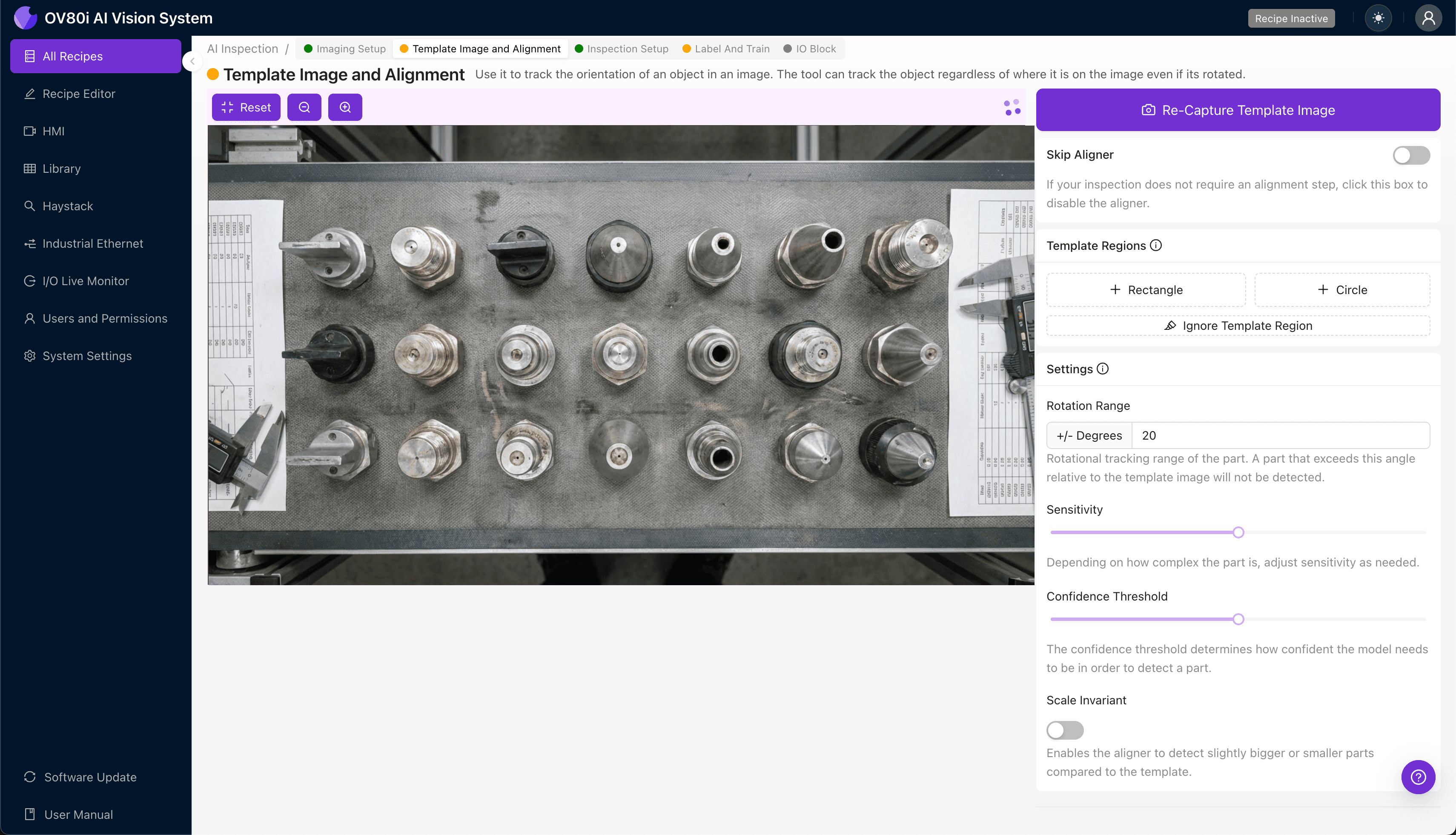 Setting up template matching for nozzle alignment