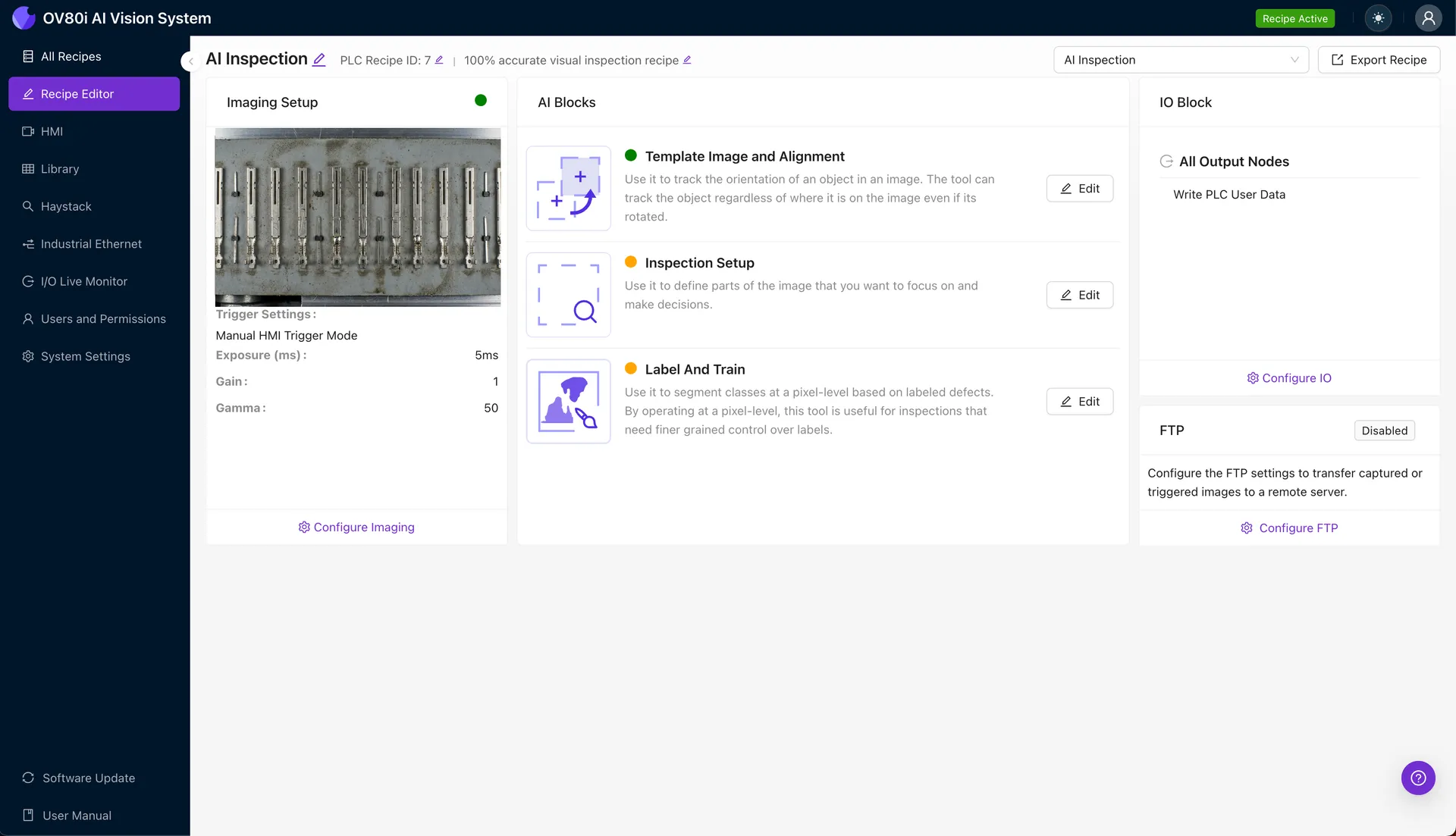 Imaging setup configuration for terminal pins visual inspection