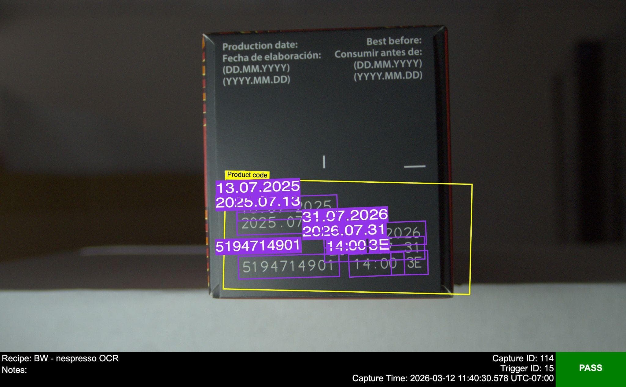 Coffee Packaging OCR Across Multiple SKUs with Zero Training Data - Food & Beverage case study image showing ocr verification of production dates, best-before dates, and product codes on a multi-sku coffee packaging line for a global packaging oem. an ov80i with dark-field ring lighting read every sku with no training images, configured by parameter tuning in 45 minutes across roughly 8 package sizes and shapes.
