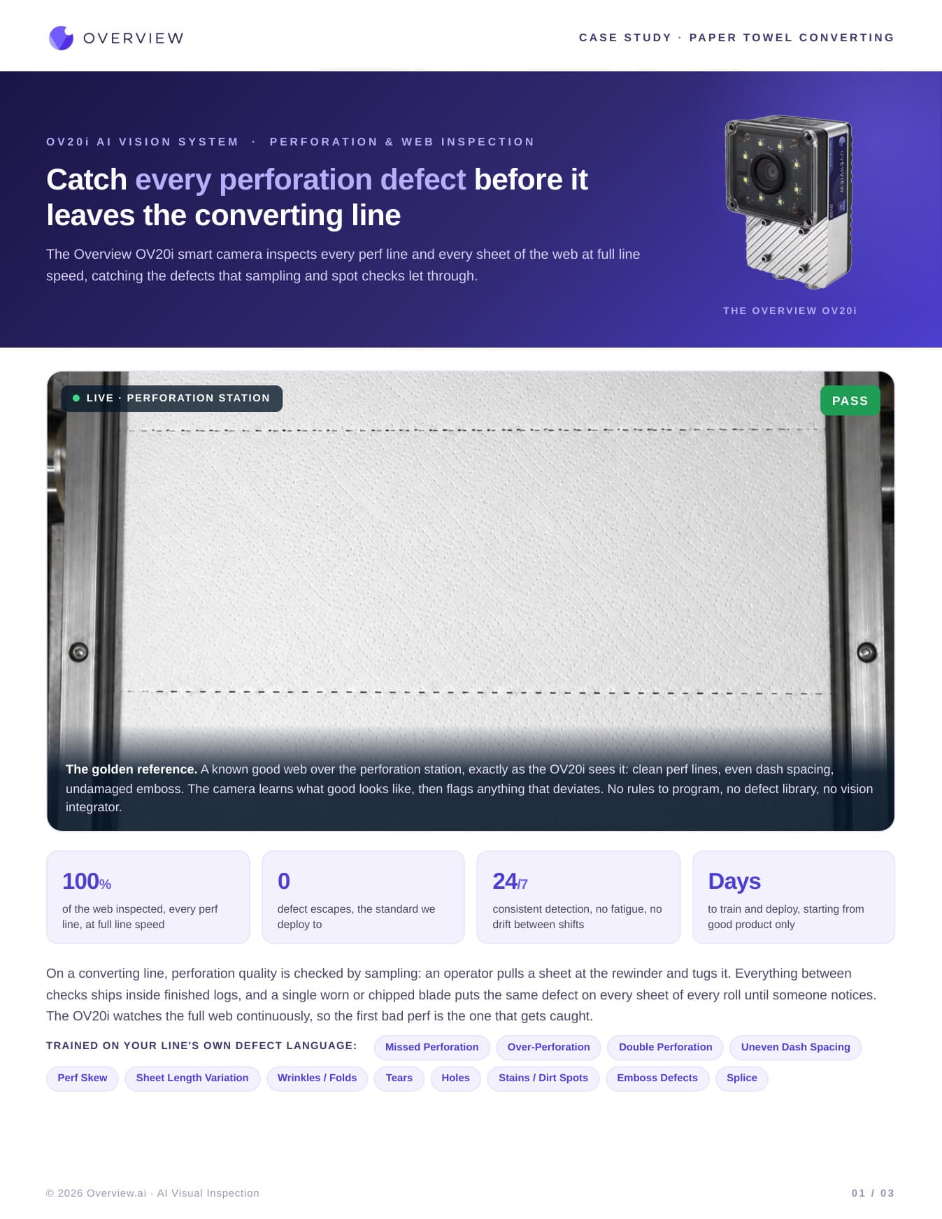 Paper Towel Perforation and Web Inspection - Manufacturing case study image showing continuous full-web inspection on a converting line at full line speed, replacing manual sampling at the rewinder. the ov20i catches missed, over, double, and skewed perforations plus tears, stains, wrinkles, and emboss defects, trained from good product only with zero escapes as the deployment standard.