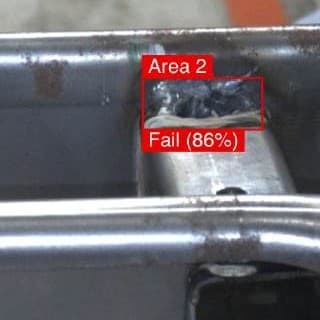 Weld Correctness Grading · Catching the Burn-Through Three Inspections Missed Weld Correctness Grading · Catching the Burn-Through Three Inspections Missed - Automotive case study image showing the ov20i grades every weld good or ng on a single image with a confidence score, no dimensioning and no rules. trained on three bad samples in under two minutes, the classifier caught a burn-through that slips past three layers of manual inspection and reached 100% accuracy on the first test set.