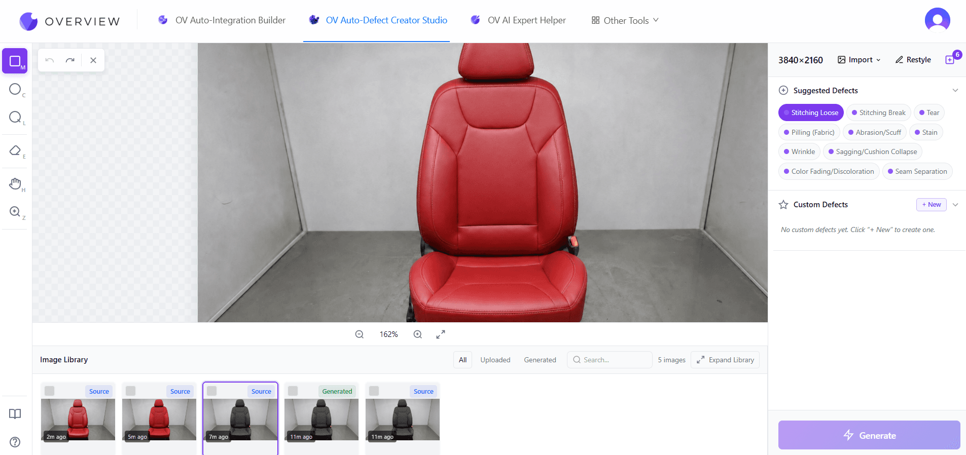 Car Seat Wrinkle Inspection · One Defect, Every Fabric - Automotive case study image showing one labeled wrinkle authored on a real leather seat, then retargeted across 14 oem-spec fabric and color variants via style transfer. new trim specs onboard ~12.4× faster with no real seats damaged.