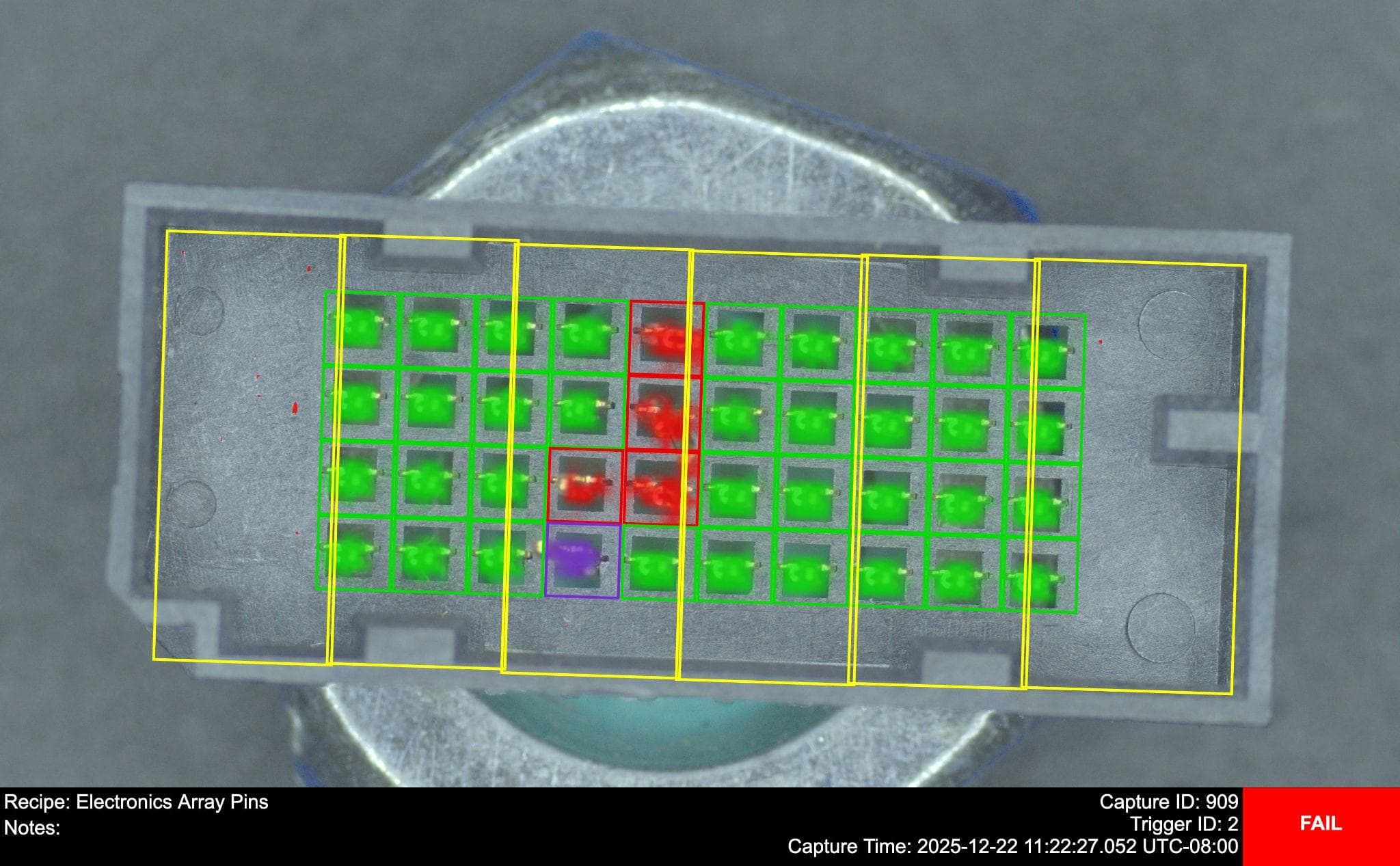 Electronics High Speed Array Connector Pin Defects and Dust Detection - Electronics case study image showing multi-class defect detection on high-density automotive connectors, identifying missing, broken, and bent pins plus tiny debris with 100% accuracy and sub-second cycle times