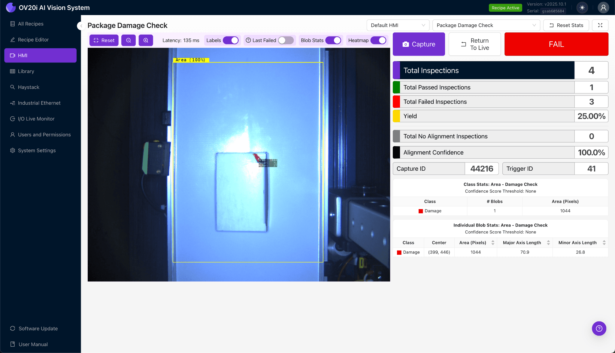 Conveyor Gap Measurement - OV20i / OV80i HMI showing 4 tracked gap regions with 100% yield