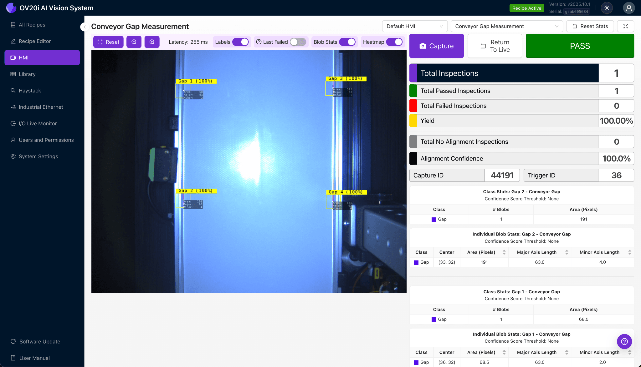 Package Damage Check - OV20i / OV80i HMI showing real-time damage detection with FAIL result