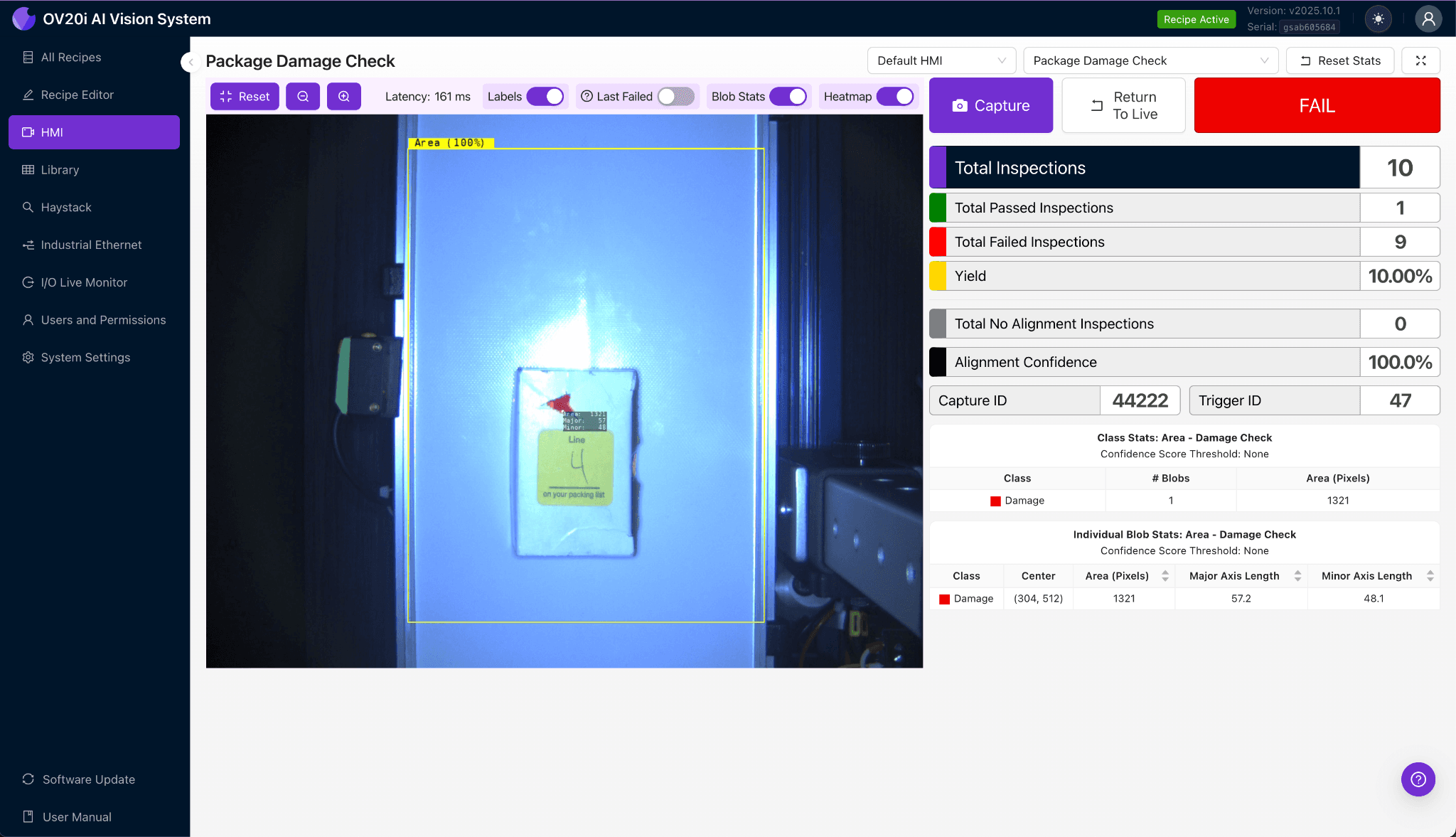 Flow Control Analytics - OV20i / OV80i HMI showing package area detection and pass/fail
