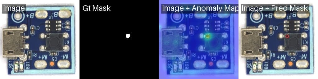 PCB anomaly detection at a different coordinate showing original image, ground truth mask, anomaly heatmap, and predicted mask