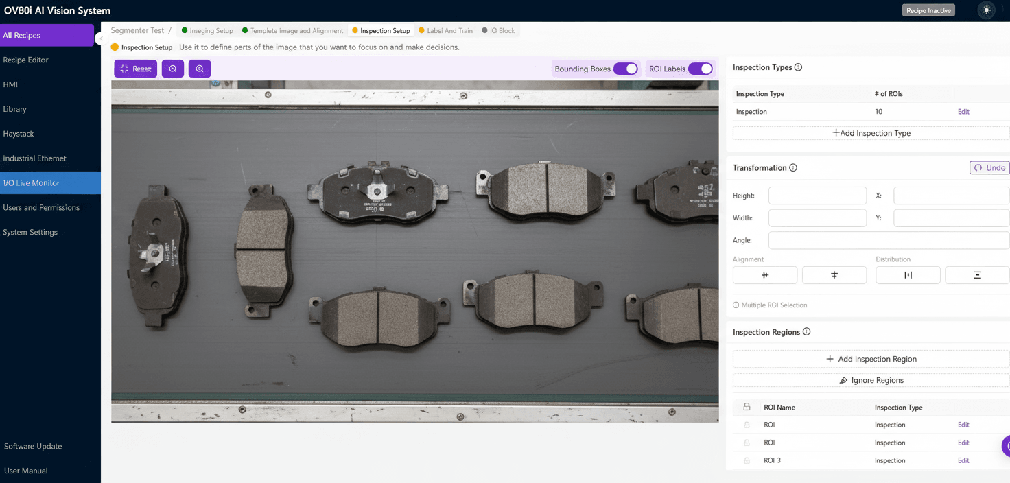 AI-powered machine vision system inspecting brake pads on a manufacturing conveyor belt, highlighting quality control.