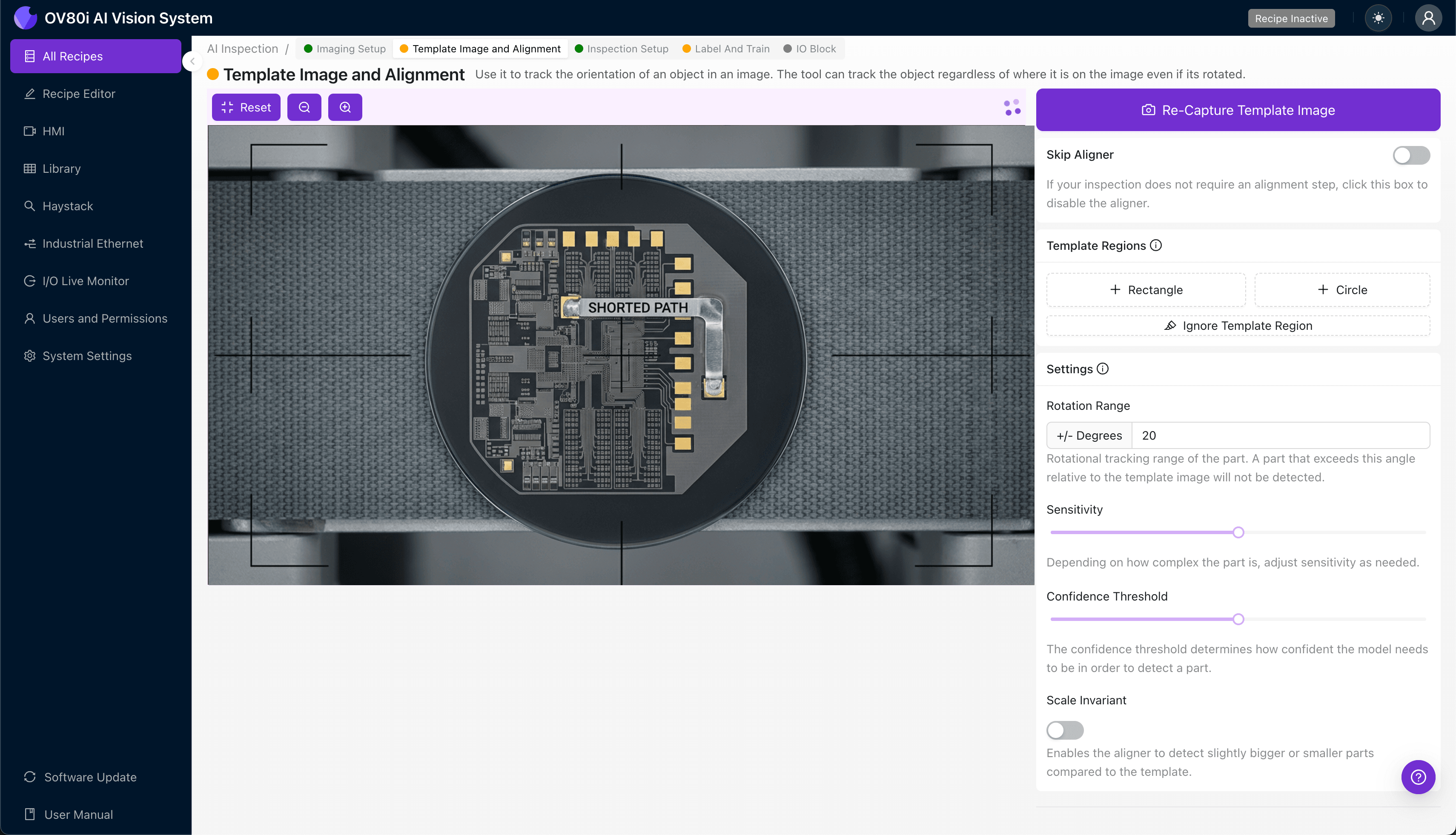 Template image alignment configuration for wafer inspection