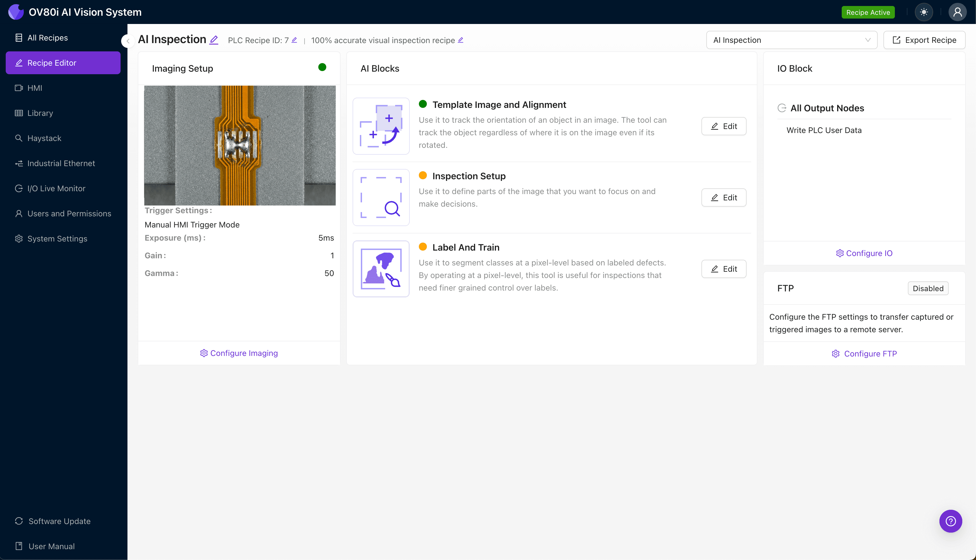OV80i camera setup for hot-bar solder joint inspection