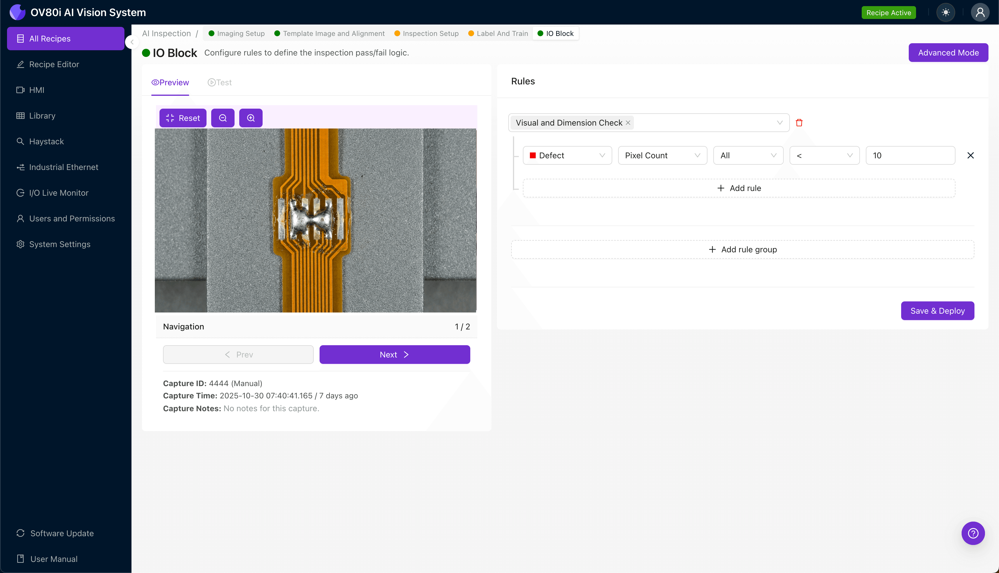 AI vision system inspecting hot-bar solder joints for bridges between fine-pitch pads