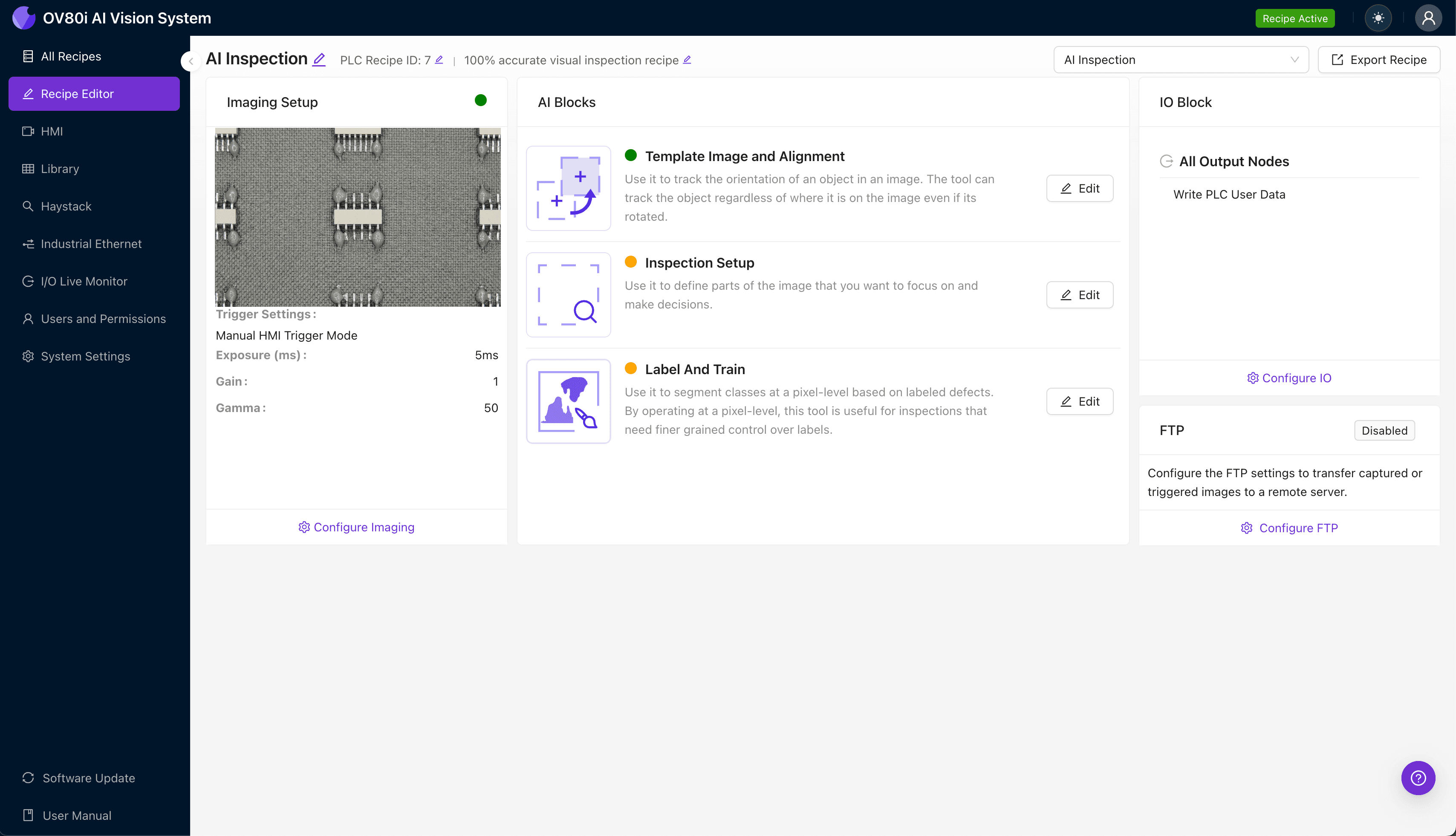 OV80i camera setup for SMT connector tail solder paste wicking inspection