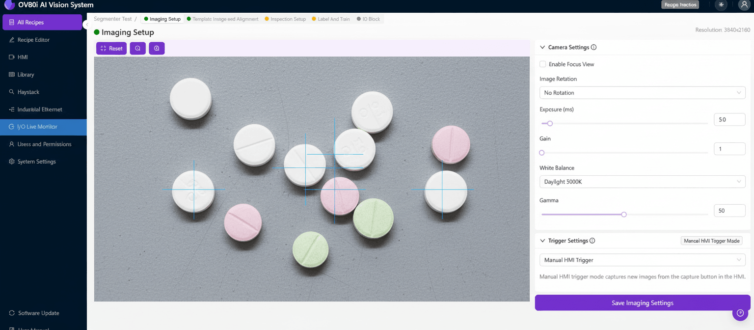 AI machine vision system inspecting pharmaceutical tablets on a high-speed manufacturing line for defects.