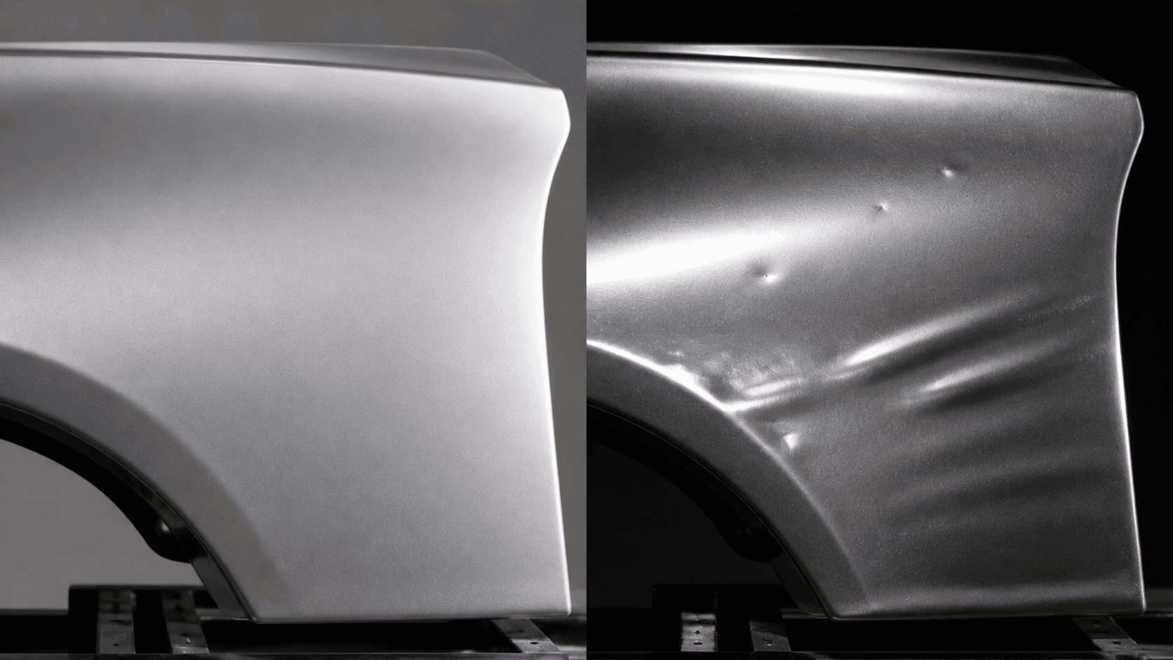 Same body panel under standard lighting vs photometric stereo: defects invisible in one and obvious in the other