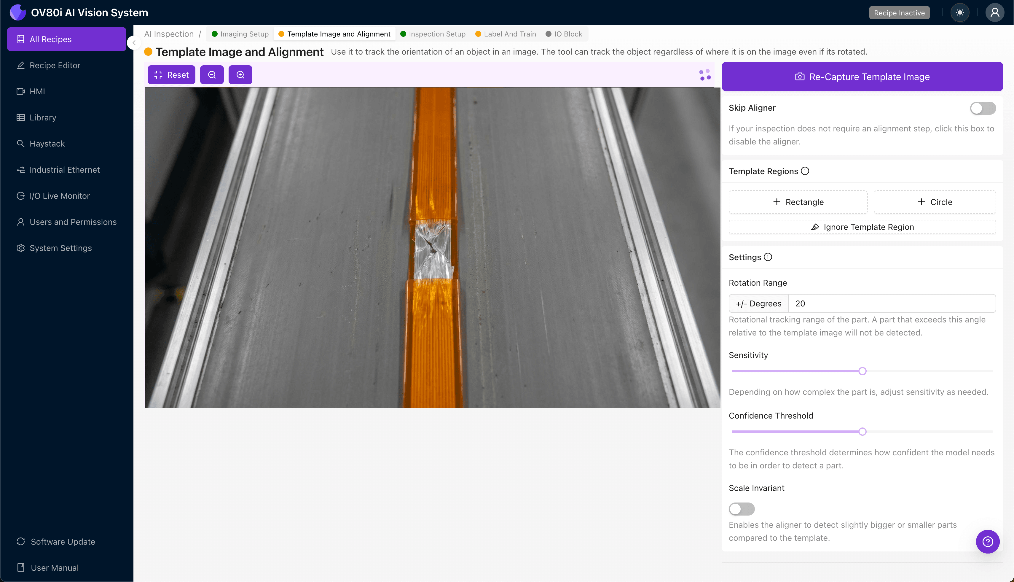Template image alignment configuration for fiber ribbon inspection
