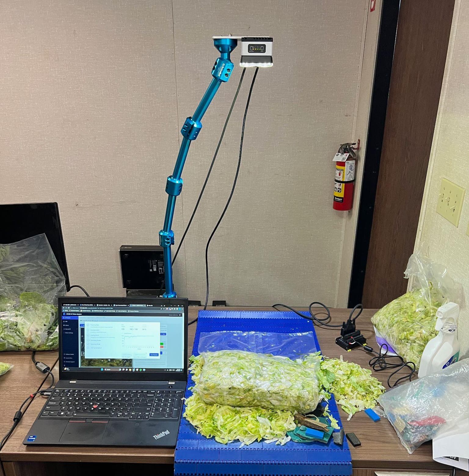 Overview AI OV20i inspecting a sealed bag of shredded lettuce for seal integrity and foreign objects