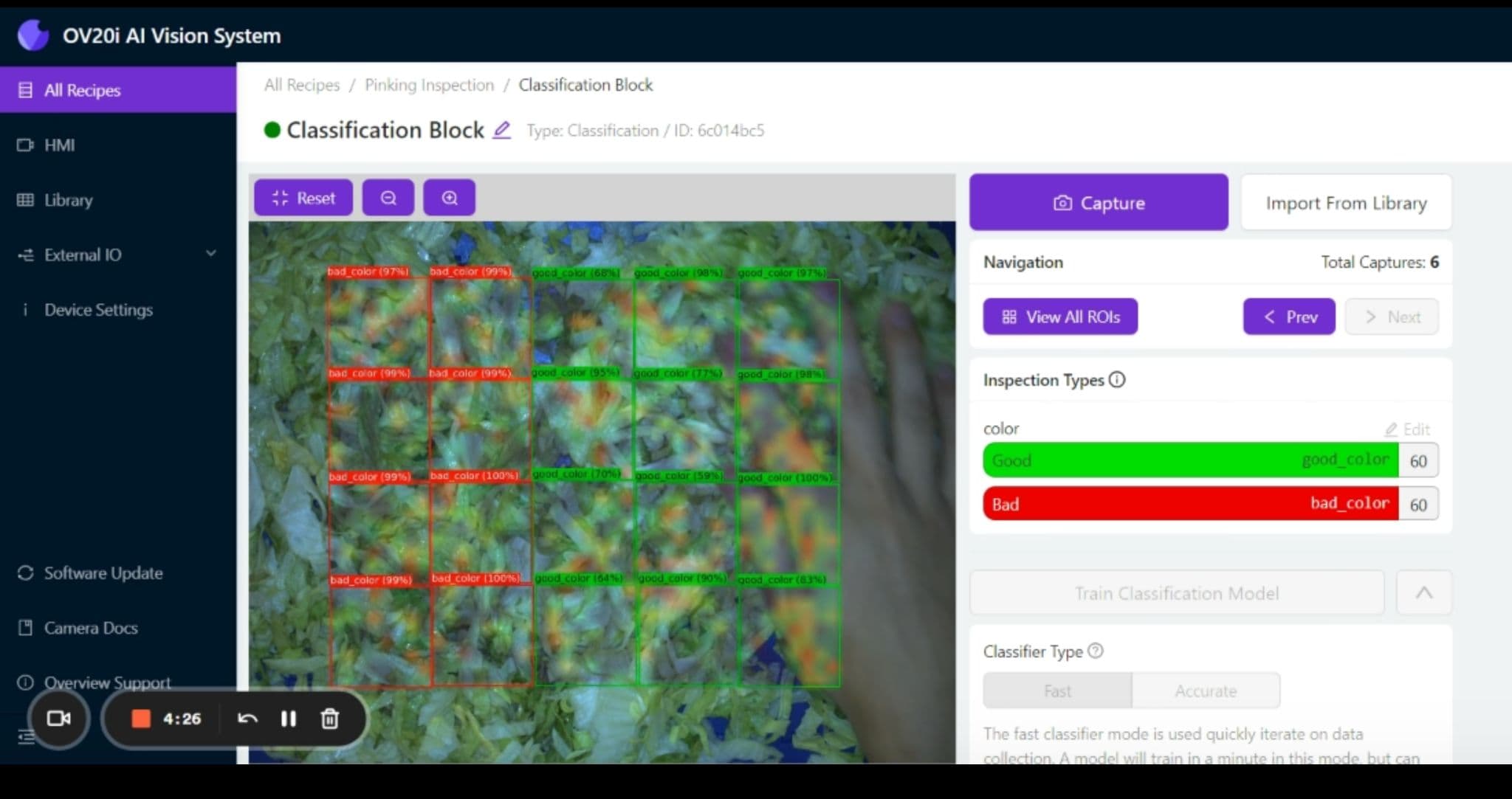 Overview AI software classifying a 20-region grid of shredded lettuce as good or bad color with per-region confidence scores and a heatmap overlay