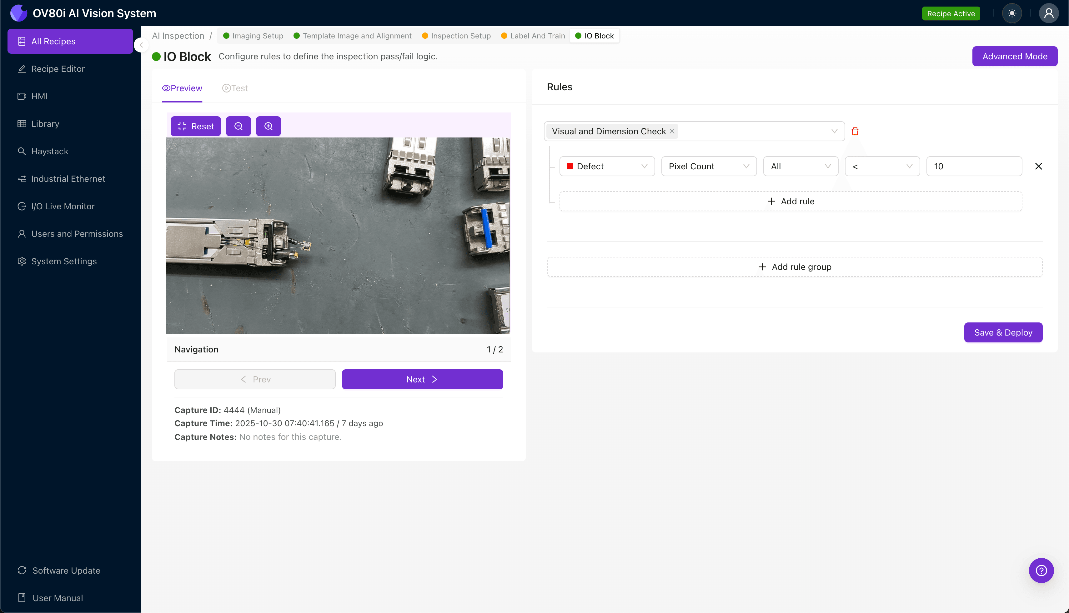 AI-powered inspection system analyzing TOSA/ROSA alignment in optical transceiver