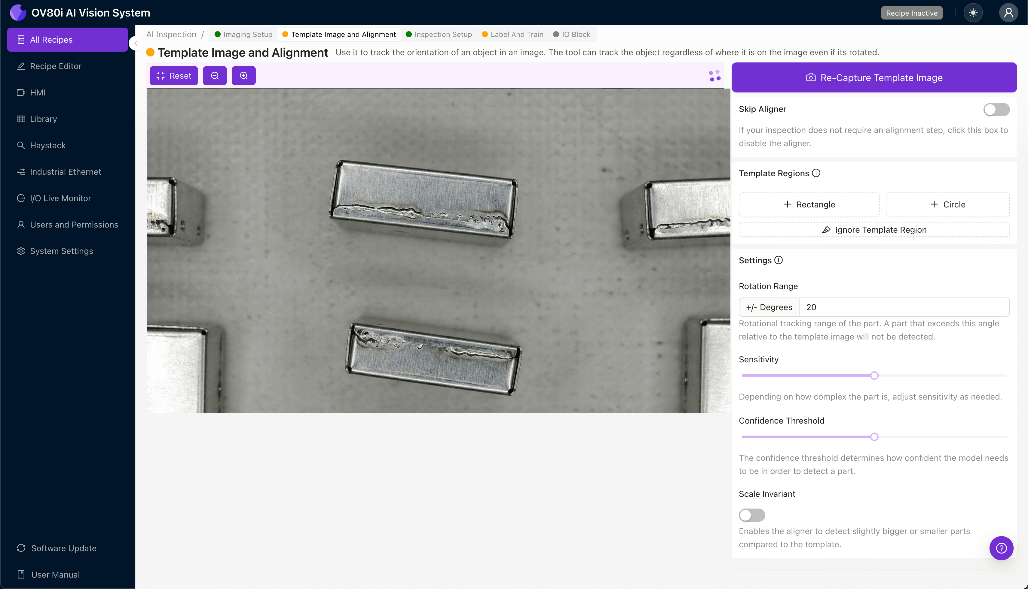 Setting up image alignment template for shielding can inspection