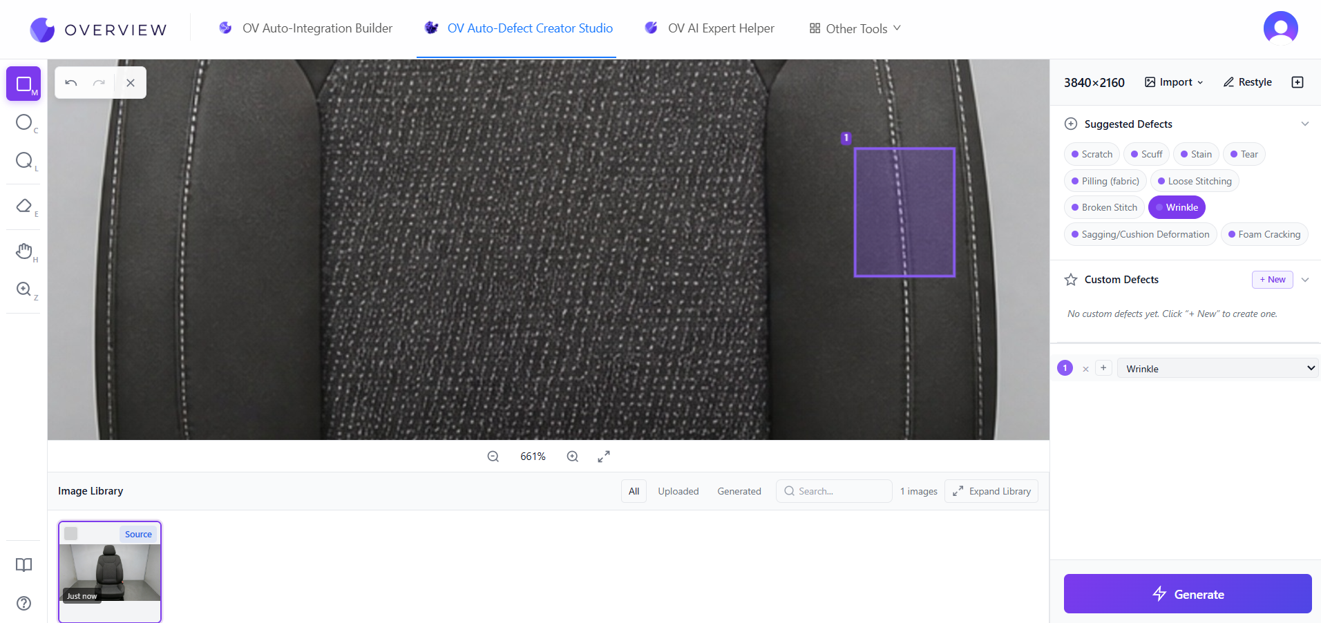 OV Auto-Defect Creator Studio with a region drawn on a car seat and Wrinkle selected from suggested defects