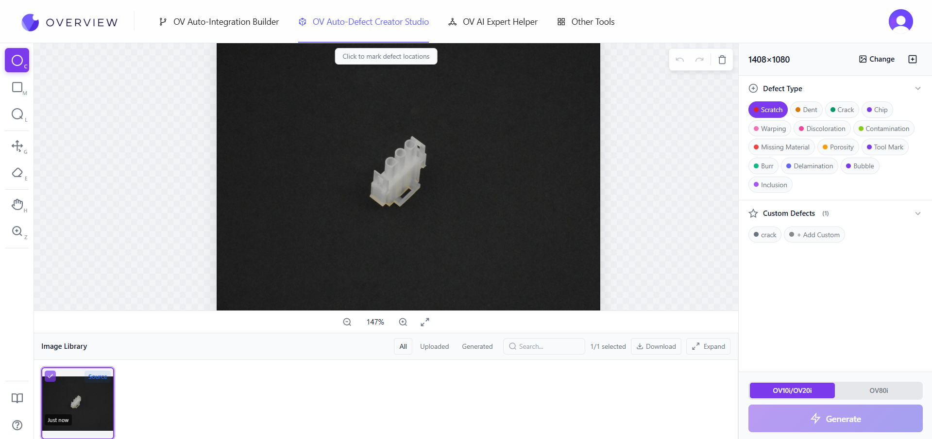 Overall view of an electrical connector loaded into the OV Defect Creator Studio